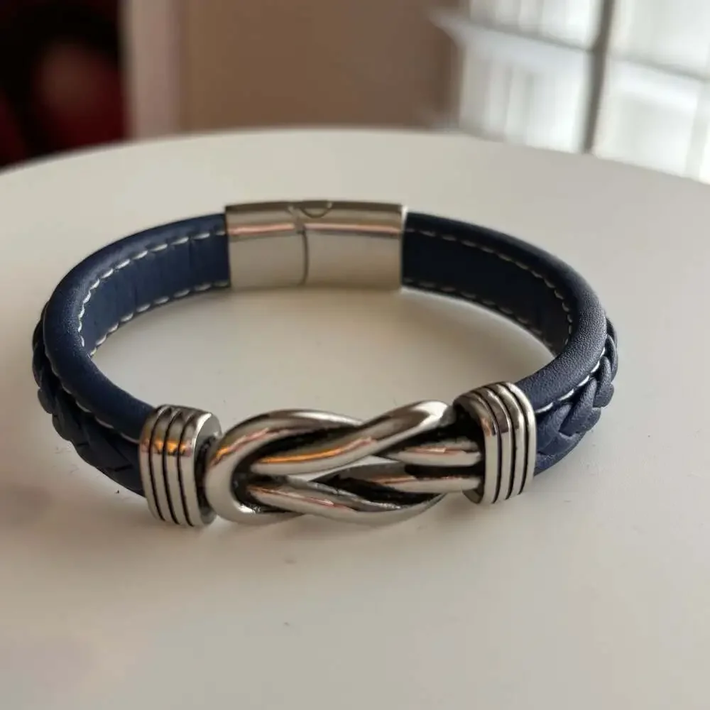 Men's LYNX Stainless Steel & Navy Braided Leather Bracelet